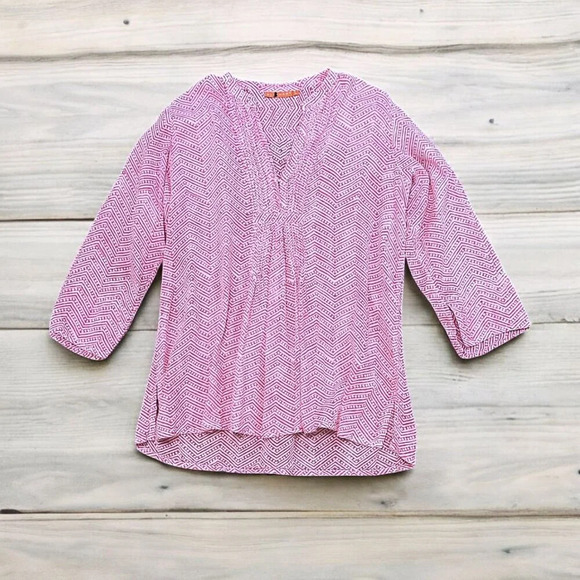 Oliphant Pintuck Tunic Blouse Womens L Pink & White Geometric Pattern 3/4 Sleeve - Picture 5 of 12